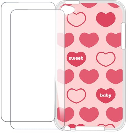 UOGNADGD Protection d'écran et Coque pour iPod Touch 4 - Cœur Rose | 3.5 Bundle 2-en-1 coque en TPU imprimée + lot de 2 films en verre trempé, kit de protection antichoc
