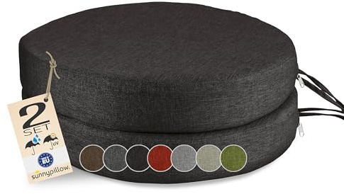 sunnypillow 2er Set Stuhlkissen Rund Ø 40cm, wasserdicht, Schwarz | UV-lichtecht, 7cm dick, Outdoor Polsterauflage mit Bändern, Auflage für Stühle, Sitzkissen Stuhlauflage für Haus und Garten