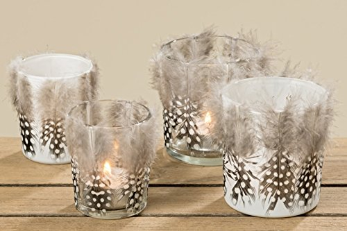 BOLTZE Windlicht Teelicht aus aus Glas mit Federn Osterdeko klar oder weiß 2er Set