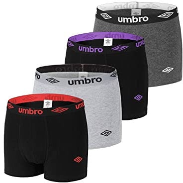 UMBRO Boxer Uomo Cotone, Mutande Uomo, Mantenimento Antiscivolo, Libertà di Movimento (set di 4), Nero, Grigio, Taglie XXL