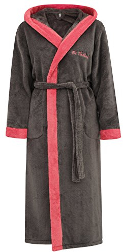 Di Vadini Unisex Herren Damen Bademantel Prato mit Kapuze I Morgenmantel flauschig I Nachtwäsche aus edler Mikrofaser Farbe: anthrazit/Berry, Grösse: XXXL