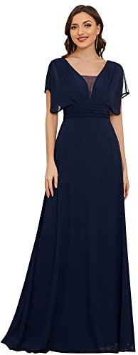 Ever-Pretty Robe de Bal Soirée Col en V  sans Manche Taille Empire A-Line Mousseline de Soie Femme Bleu Marine 46