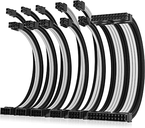 AsiaHorse Aktualisierung 16AWG Sleeved Cable Kit für PC/GPU/CPU, PSU Kabelverlängerung, PC Netzteil Extensions Kabel mit Kabelkämmen,24PIN/(6+2) PIN/(4+4) PIN Kabelmanagment, 30CM, Schwarz+Weiß