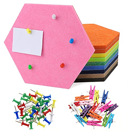 HonGien 10 Stück Filz Pinnwand Korkplatte,Notiztafel Sechseckig,Selbstklebende DIY Memoboard mit für Heim Büro Klassenzimmer Wand Dekoration, Mehrfarbig