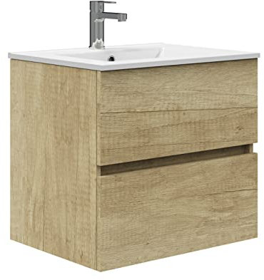 Baikal Mueble de Baño Onyx. Suspendido en Pared, con Lavabo cerámico. Varios Acabados y Medidas. Mueble Montado. 2 CAJONES 50 Nature