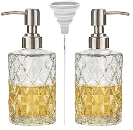 Easy-Tang 2 Pack Clear Glass Hand Soap Dispenser with Stainless Steel Pump, Refillable for Bathroom & Kitchen (Silver)