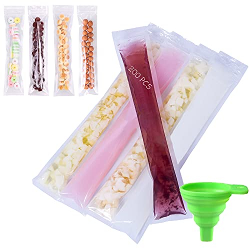 200 Pcs Wassereis Tüten Eisformen Eis am Stiel Taschen Wegwerf Eis Pop Form BPA Frei Mit Siegel Popsicle Hersteller DIY Flüssigkeitsdiät Joghurt Sticks Frucht Smoothies Mit Trichter(5 x 28 cm)