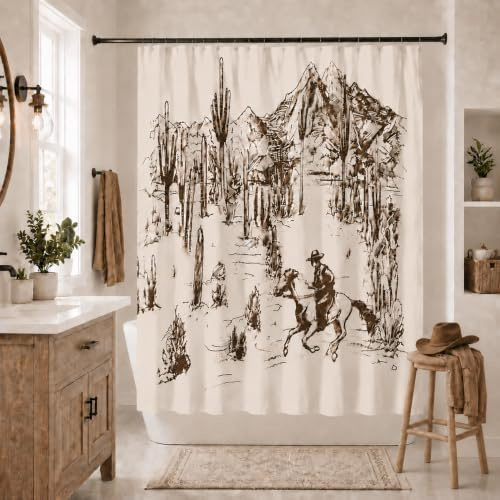 Western-Cowboy-Duschvorhang, Kaktus-Duschvorhang, Bauernhaus-Landhaus-Duschvorhang für Badezimmer, amerikanisches Wilder Westen, Cowboy, wasserdichter Stoff mit 12 Haken, 182.9 cm Bx182.9 cm L