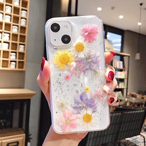 EYZUTAK Case for iPhone 14 Plus, Bling Glitter Sequin Handmade Real Dried Flower Leaf Embedded Pressed Floral Flexible Soft Rubber Gel TPU Protective Bumper Back Cover - Blue+Pink