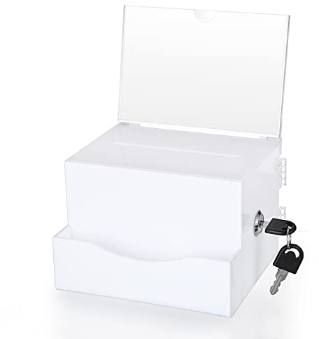 SUMTree Acryl Vorschlag Visitenkartenbox, Wahlurne Box mit Schloss, Spendenbox mit Schildhalter, Vorschlagsbox Aufbewahrungsbehälter zum Abstimmen, sichere und sichere Ticketbox, 10,2 x 15,2 cm, Weiß