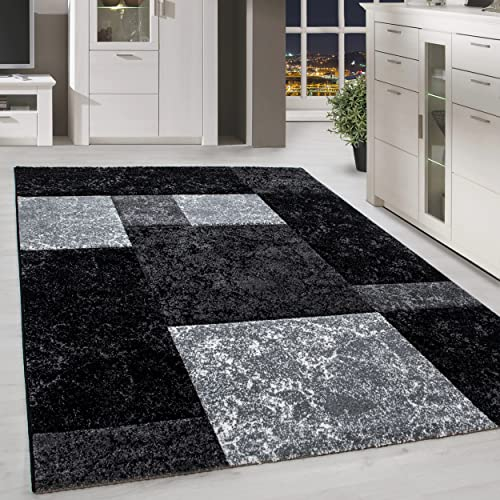 HomebyHome Teppich Wohnzimmer 140x200 cm Schwarz Kariert Konturschnitt Design - Schlafzimmer Teppich Kurzflor Extra Weich Pflegeleicht Teppiche für Küche Esszimmer Jugendzimmer - Carpet Living Room