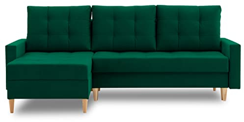 Ecksofa Lena 227x148 mit schlaffunktion und Bettaksen - Klassisch Design - Eckcouch mit Stauraum - Auffälliger Kronos Stoff - Kissen - Holzfüße - Auswahl an Farben (Kronos 19 Links)