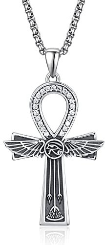 PRAYMOS Ankh Kette 925 Sterling Silber Auge des Horus Anhänger Halskette Ägyptische Kreuz Rreligiösen Schutz Schmuck Geschenk für Herren