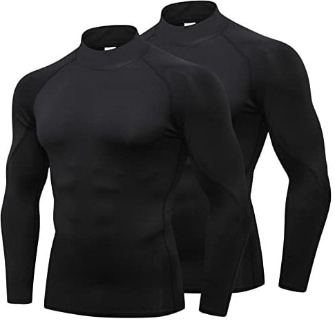 LNFINTDO 2 Pack Compression Tops for Men Long Sleeve Mock Turtleneck Shirts Quick Dry Base Layer Top for Gym Sports Fitness Workout Training