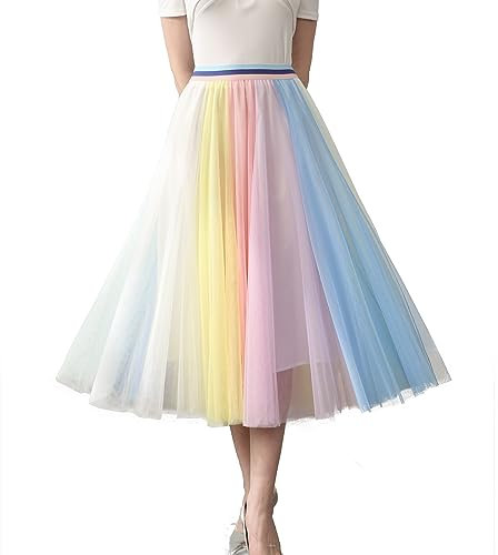Damen Tüllröcke Midi Elastische Hohe Taille Plissee Mesh Flowy A-Linie Party Lange Tutu Röcke…, 232232 Linght Regenbogen, Klein