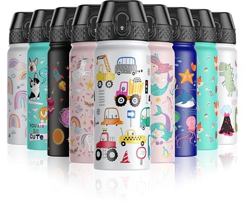 OLDLEY Bouteille d'eau Isotherme pour Enfants Acier Inoxydable 550ml/18oz avec Paille Réutilisable Métal Sous Vide étanche pour Garder Chaudes Froides pour l'école, Garçons Filles (Véhicule Blanc)