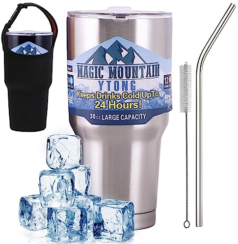 Car Cup 304 Stainless Thermos Steel Flask, 30oz Stainless Steel Tumbler Water Cup with Straw and Lid, Large Capacity Insulated Water Bottle Double Wall Vacuum Keeps Drinks Cold (Steel,with Sleeve)