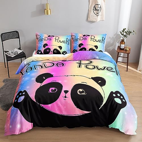 HOSIMA Panda-Bettwäsche-Set für Erwachsene, Jungen und Mädchen, Cartoon-Motiv, niedlicher bunter Panda-Druck, Bettbezug mit 2 Kissenbezügen (Panda M)