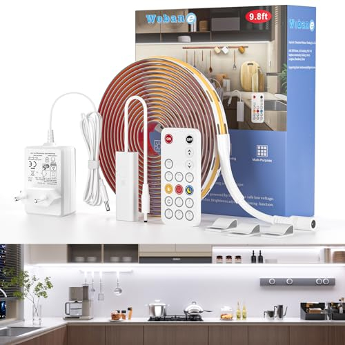WOBANE Striscia Led COB 3 Metri 12V, Strisce Led Adesive con Telecomando Dimmerabile, CRI90+, Striscia Led Alta Luminosità con Spina per Cucina Sottopensile,Armadietti,Vetrine, Bianco Freddo 6000K
