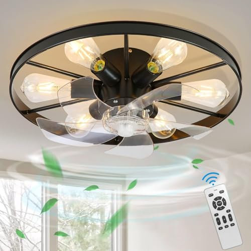 Ventilador de Techo con Luz y Mando a Distancia Silencioso E27 Lampara de Techo Industrial Vintage Rueda Dormitorio Lamparas Ventilador Plafón de Techo para Salón Comedor Cocina, Negro
