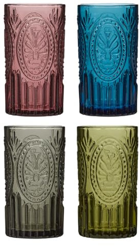 Dibor Tumbler Glasses Set of 4 Vintage Style Glassware Set Embossed Dishwasher Safe Glass Tumblers Alfresco Dining G&T Cocktail Wine Tumbler Water Drinking Glass Set (Highball Tumblers)