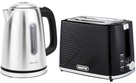 Geepas 1.7L Illuminating Electric Kettle & 2 Slice Bread Toaster Combo Set | 2200W Stainless Steel Cordless Jug Kettle | 900W Toaster with 7 Browning Levels, Removable Crumb Tray & Cord Storage