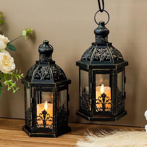 TRIROCKS Set mit 2 Dekorativen Hängenden Laternen 24cm Hoch Kerzenhalter aus Metall mit gehärtetem Glas für Heimdekoration Gartenveranstaltungen Hochzeiten Drinnen Draußen (Schwarz mit Goldbürste)