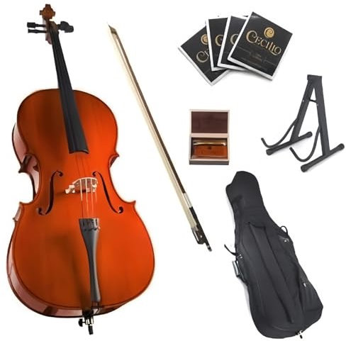 Cello 4/4 Set in voller Größe für Anfänger & Fortgeschrittene – Komplettset mit Etui, Bogen, Kolophonium & Saiten | Ideal für Kinder, Erwachsene & Musikschulen | Inkl. Schleife & Stimmgerät (Voll)