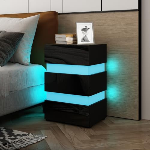 Komtopod Nachttisch mit LED-Beleuchtung & 3 Schubladen - Schwarz Hochglanz-Kommode Beistelltisch Sofatisch für Schlafzimmer Wohnzimmer