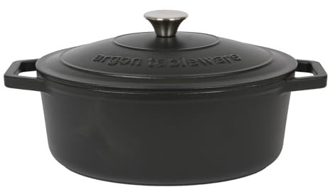 Argon Tableware 4.68L Oval Cast Iron Casserole Dish with Self-Basting Lid - Matt Black - 1x Induction Hob Cooking 4.84QT Dutch Oven Bread Baking Serving Roasting Stew Stock Pot Cookware Pan