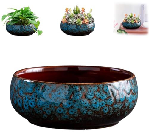 Lotus Bowl Pot de fleurs rétro en céramique pour plantation dans l'eau à l'intérieur Grand calibre Glaçage hydroponique non poreux Pot pour plantes succulentes (Bleu)