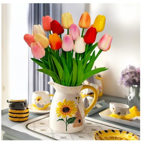 MUSHUI 18 STK Tulpen Künstliche Blumen Wie Echt, Real Touch Gefälschte Blumensträuße für Muttertag, Balkon deko, Home Room Dekoration, Hochzeit Party, Hotel, Büro, Badezimmer (Ohne Vase), Vielfarbig