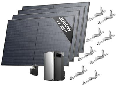ECOFLOW kit fotovoltaico con batteria (2080W,1,92kWh),STREAM Ultra 1,92kWh,4x520W panelli solari rigidi&4xStaffe-Tetto piatto,ingresso solare 2.800 W(4 MPPT),2 porte CA 2.300W