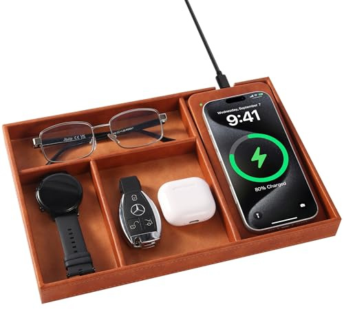 Tablett, integriertes kabelloses Ladepad, Nachttisch-Organizer | Zweifarbiges Premium-Leder Schreibtisch Nachttisch Caddy Organizer Tablett für Schlüssel, Uhr, Geldbörse, Schmuck