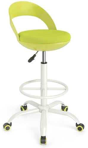 FANTASK Rollhocker mit Rollen und Fußstütze, höhenverstellbar 70-82 cm, Drehhocker, Bürohocker, Arbeitshocker mit Lehne für Kunststudio, Zeichnen, Salon, Büro & Hausbar (Grün)