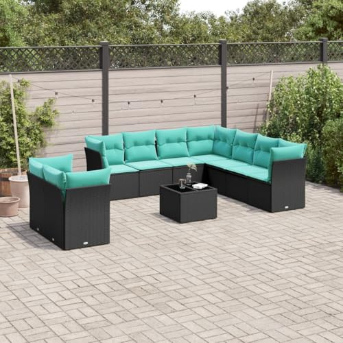 Qnhdfrt 10-teiliges Gartensofa Set Schwarz Polyrattan Eckbank mit Tisch 55x55 cm Sitzfläche Outdoor Balkonmöbel Modular für Balkon Terrasse Garten