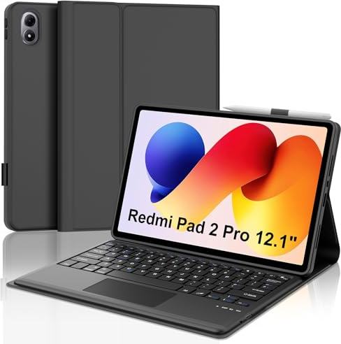 JADEMALL Keyboard Case for Redmi Pad 2 Pro 12.1 Inch, UK Layout Detachable Wireless Bluetooth Keyboard with Trackpad for Redmi Pad 2Pro 2025/Redmi Pad Pro/Xiaomi Poco Pad 2024 12.1 Tablet, Black