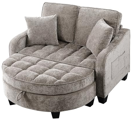 Schlafsofa mit Schlaffunktion und Verstellbare Rückenlehne, 2-Sitzer Klappbares Sofa Couch mit Halbrunder Fußhocker, Seitliche Taschen, Fußhocker mit Stauraum, 129×132×93cm, HNDE202511107 (Braun)