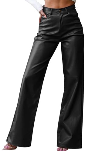 Faux Leather Trousers Women Wide Leg High Waisted Wet Look Leather Yoga Pants Tummy Control Palazzo Trousers Lounge Pants Loose Fit Comfy Soft Bottoms for Evening Vacation Work Party Night Out