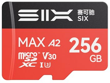 SIX M200 Carte Micro SD 256 Go Lecture jusqu'à 190 Mo/s pour Enregistrement continu 4K UHD – Carte mémoire microSDXC A2, U3, V30 256 Go avec Adaptateur pour caméras d'action, Drones, Consoles de Jeu