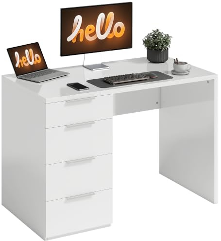 HOMCOM Bureau d'Ordinateur avec Rangement 4 Tiroirs 110 x 60 cm Blanc | à Haute Brillance, Style Moderne, Table Informatique, pour Chambre et Petit Espace, Télétravail