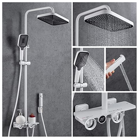 Sistema Doccia, Display digitale termostatico grigio nero Rubinetto doccia Miscelatore a 4 vie a cascata a pioggia bidet temperatura(White)