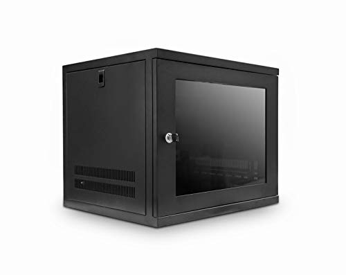 LMS Data Server Rack Data Cabinet - 9U 550mm Deep Wall Mounted 19 Inch Black Storage Rack for Home, Office, Server Room Computer Equipment with Glass Door, Removable Side Panels, Front Lockable Door