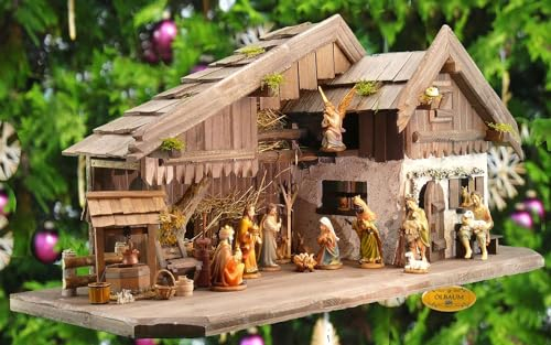 ÖLBAUM-Krippe KA70du-MF-ALP-T2LF1 XXL Holz - Weihnachtskrippe mit großer Bodenplatte, mit Holz-Brunnen MIT HOLZDACH + Premium-DEKOSET Alpenland, Massivholz Dunkelbraun - mit 12 x