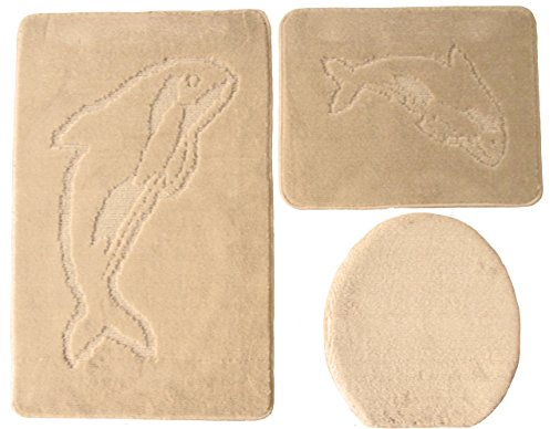 Ilkadim Delphin Badgarnitur 3 TLG. Set 55x85 cm einfarbig, WC Vorleger ohne Ausschnitt für Hänge-WC (beige)