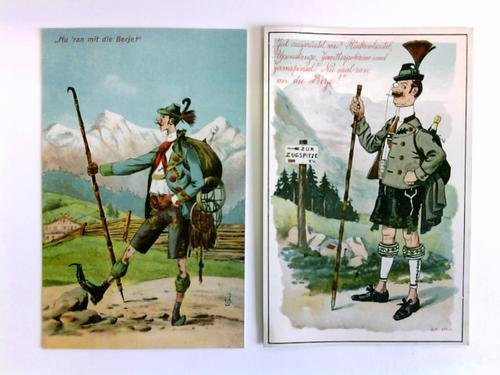 2 Postkarten mit Karikaturen des typischen Touristen in den bayerischen Bergen