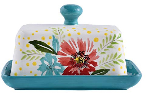 Wisenvoy Ceramic Butter Dish with Lid, Hand Painted Flower Design Porcelain Butter Keeper with Handle Contemporary Kitchen Décor, Jade Green