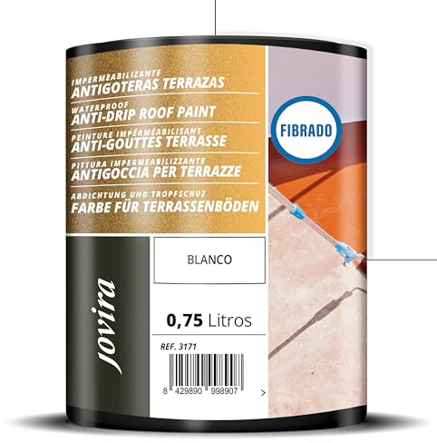 JOVIRA PINTURAS Pintura Impermeabilizante Antigoteras fibrado. Revestimiento Elástico, para Terrazas, Paredes, Medianeras y Tejados. 1 Kg (750 Mililitros, Blanco) E-68
