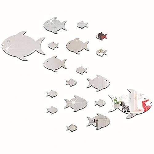 Spiegel Wandsticker Fische, DIY Spiegel Wandaufkleber Selbstklebend, Wandaufkleber Fische Spiegel Art Decor Wandtattoo Schlafzimmer/Wohnzimmer/Hintergrund Dekoration Wanddekoration (Silber)