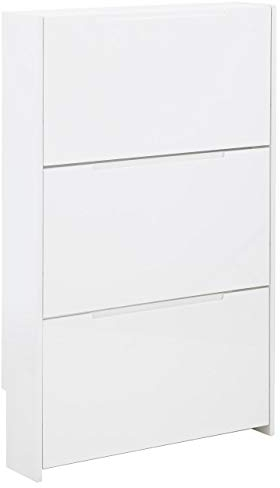 GFW Narrow High Gloss 3 Tier Shoe Cabinet Stores Up To 9 Shoes, Wooden Slim Shoe Organiser Cabinets for Home Entryway, Hall & Bedroom, White, H-112cm x W-72cm x D-17cm